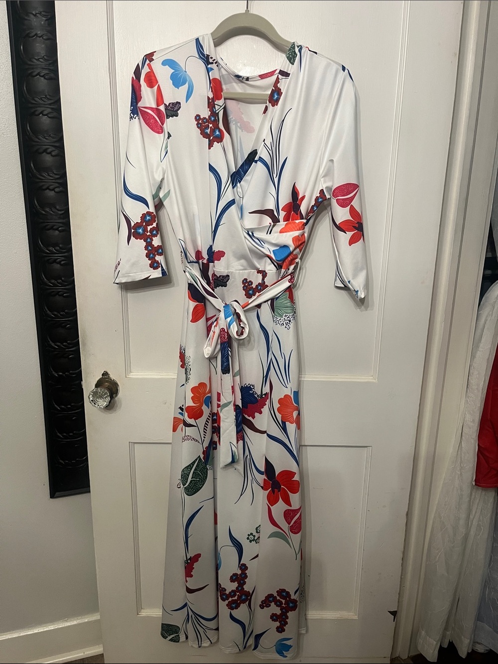 NWOT Floral Wrap Maxi Dress - White with Red & Blue Floral Print